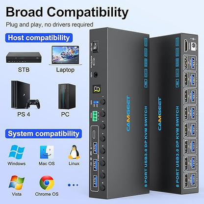 8 Port Displayport KVM Switch 4K@60Hz EDID Simulation, USB3.0 KVM Switch Displayport for 8 Computers Share 1 Monitor and 4 USB Devices,KVM Switches with Audio RS232 Wied Remote 12V Power and USB Cable