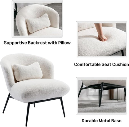 DUOMAY Modern Accent Chairs Set of 2, Sherpa Upholstered Leisure Boucle Single Sofa Lounge with Lumbar Pillow Metal Legs Slipper for Living Room Bedroom Office, White
