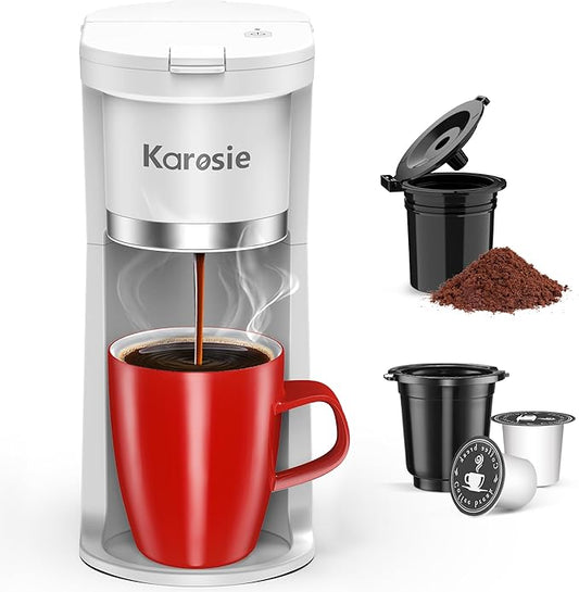 Slim Single Serve Coffee Maker, Fast Brew for K-Cup & Ground Coffee Small One Cup Coffee Maker, 6-12 Oz Brew Sizes, Coffee Machine with Descaling Reminder and Water Window,White