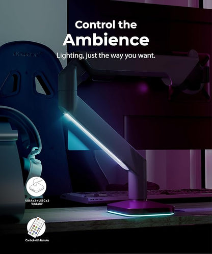 Heavy Duty Ultrawide Monitor Arm with RGB Lighting & USB Charging, Fits 34 to 49 inch Curved Screens, Supports 14 to 38 lbs, Adjustable Desk Mount, Compatible with Gaming Setup, White