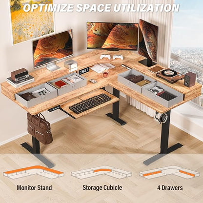 Kingant 63″x55″ L Shaped Electric Standing Desk with A/C Charging Port & Storage, Height Adjustable Corner Computer Gaming Table, Home Office Sit Stand Up Desk & Cable Management, Light Rustic Brown