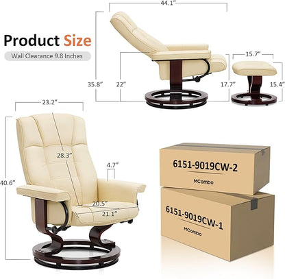 MCombo Manual Swivel Recliner with Ottoman, Chair Ottoman Set for RV Small Spaces, Living Room, Bedroom, Office 9019 4919 (Faux Leather, Cream White)