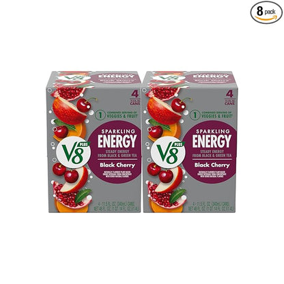 V8 +Energy Sparkling Black Cherry Juice Energy Drink, 11.5 fl oz Can (Pack of 8)