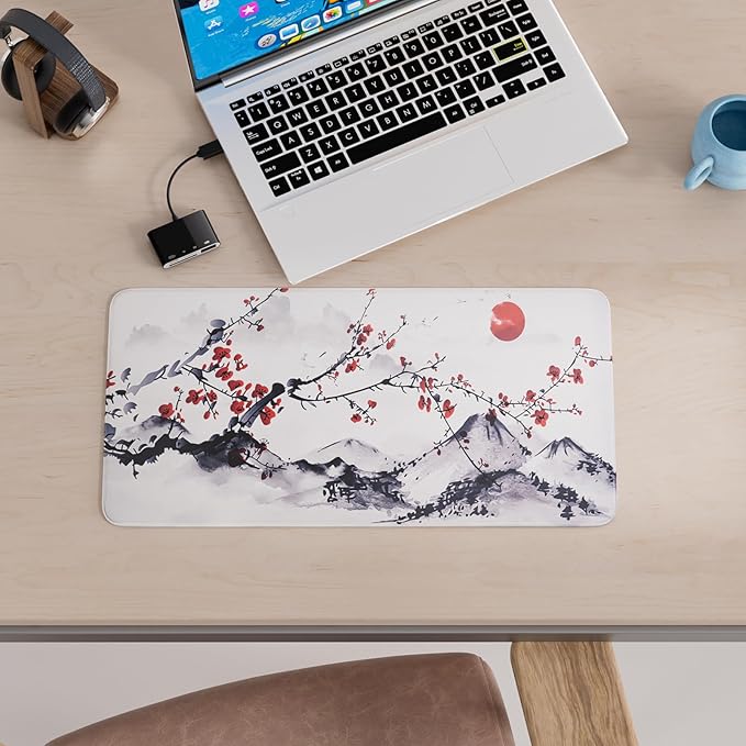 Large Sakura Mouse Pad, White Japanese Cherry Blossom Desk Mat,Extended Non-Slip Keyboard Mouse Pad Waterproof Office Desk Pad 23.6"x11.8" Anime Mouse Pads Desktop Protector for Office Home