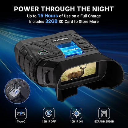 Night Vision Goggles, 4K Night Vision Binoculars for Adults, 36MP Photo, 5000mAh Rechargeable Battery, 1300FT Range, 8X Digital Zoom, Infrared Vision, 32GB SD, Flashlight & Compass for Camping