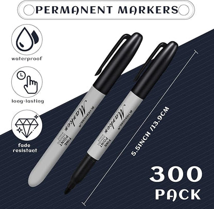 Thenshop 300 Pack Black Permanent Markers Bulk Fine Tip Permanent Marker Set Quick Drying Fine Point Pens for Classroom, Office, Home, Work on Wood, Metal, Stone, Glass, Christmas Office Gifts