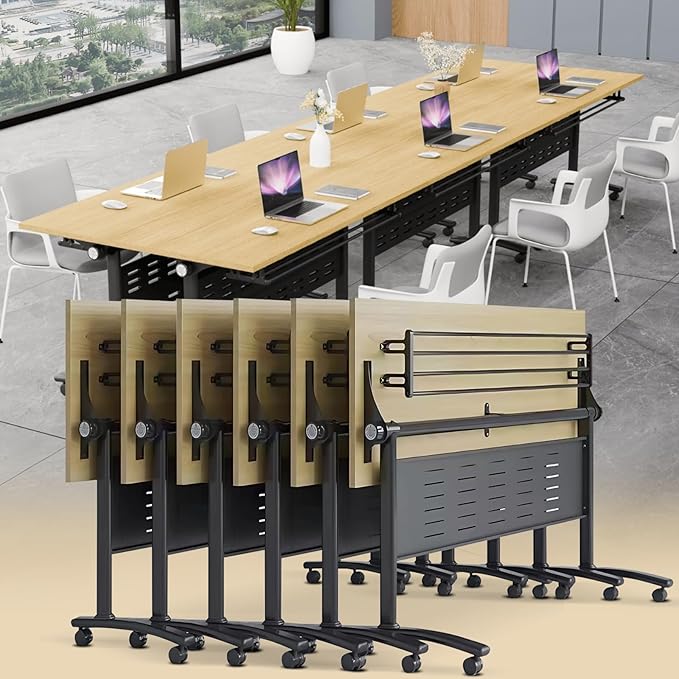 Conference Table Folding Conference Room Tables, Modern Mobile Meeting Training Table with Silent Wheels, Foldable Seminar Table for Offices, Classrooms, Libraries (6, Maple, 55.1in)