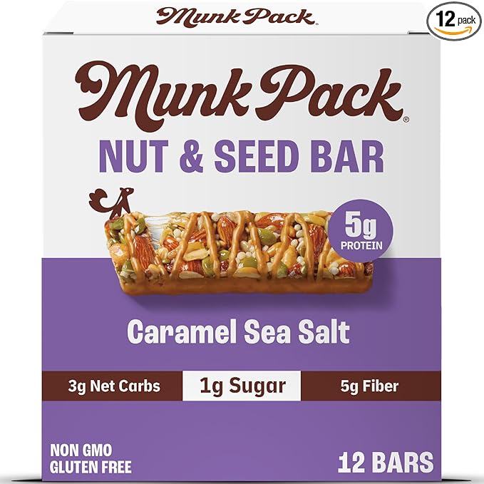 Munk Pack Caramel Sea Salt Nut & Seed Snack Bars Stocking Stuffers | 6g Protein, 1g Sugar, 3g Net Carbs | Keto Friendly, Plant-Based, Gluten-Free, Low Sugar Snacks | 12 Count (4.92 oz)