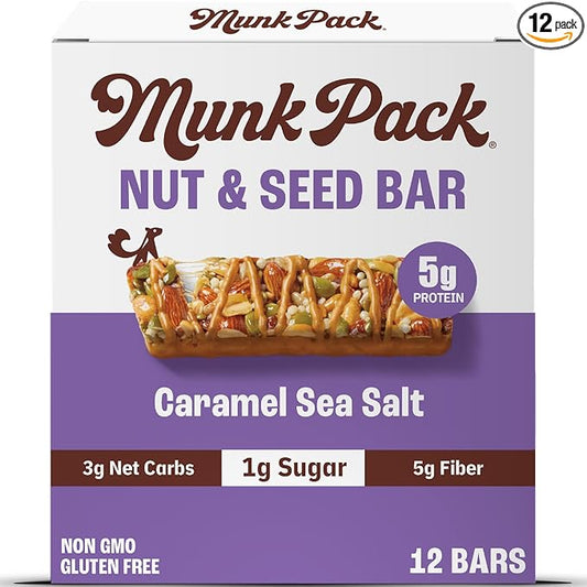Munk Pack Caramel Sea Salt Nut & Seed Snack Bars Stocking Stuffers | 6g Protein, 1g Sugar, 3g Net Carbs | Keto Friendly, Plant-Based, Gluten-Free, Low Sugar Snacks | 12 Count (4.92 oz)