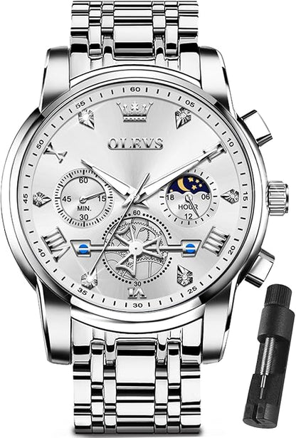 OLEVS Men Silver Watches,Men's Stainless Steel Chronograph Watch,Man Analog Quartz Big Face Male Watches Luxury Waterproof Roman Numeral Dress Diamond Relojes para Hombre