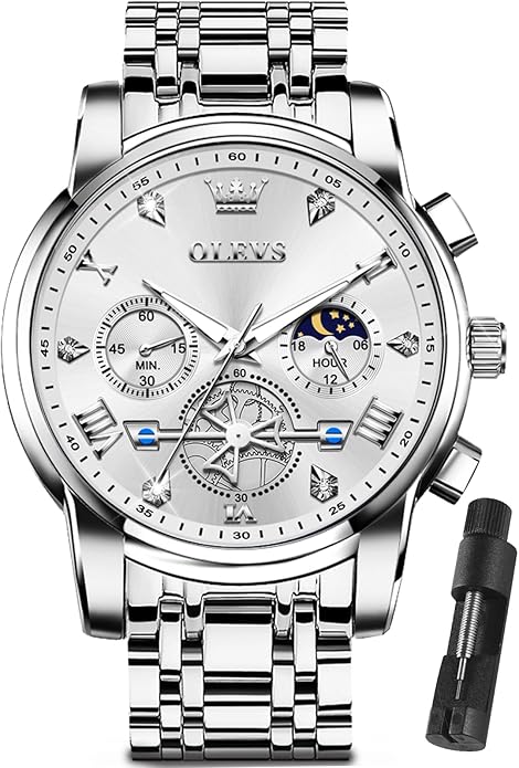 OLEVS Men Silver Watches,Men's Stainless Steel Chronograph Watch,Man Analog Quartz Big Face Male Watches Luxury Waterproof Roman Numeral Dress Diamond Relojes para Hombre