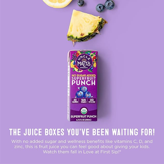 Uncle Matt’s Organic No Sugar Added Superfruit Punch Juice Boxes for Kids with Vitamin C, D, Zinc, Only 40 calories, 32 pack of 6.75 oz Boxes