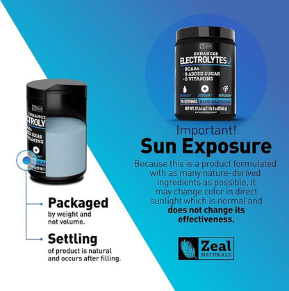 Zeal Electrolyte Powder - 90 Servings | Keto Electrolytes Powder | Zero Sugar, BCAAs, B-Vitamins | Potassium, Zinc, Magnesium | Hydration Powder Recovery Drink | Blue Raspberry