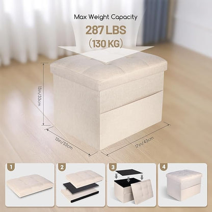 Storage Ottoman,Folding Ottomans with Storage,Linen Ottoman Foot Rest with Pocket,Foot Stool with Thicker Foam Padded for Living Room,Bedroom,Office,Dorm,287 lb Load Capacity,17x13x13in,Beige