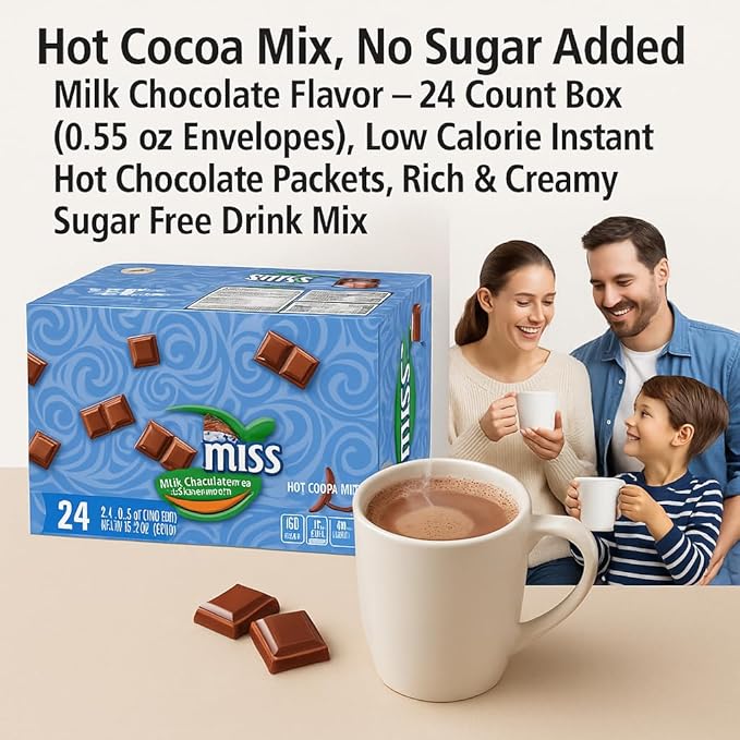 Hot Cocoa Mix Packets, No Sugar Added – 24 Count (0.55 oz Each), Creamy Milk Chocolate Flavor, Sugar Free Instant Hot Chocolate, Low Calorie Drink Mix for Home, Office & Holidays