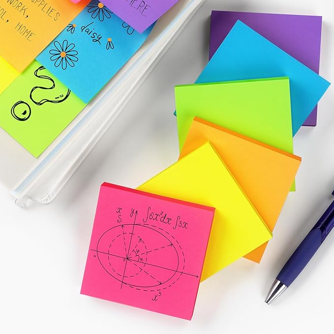 Pop Up Sticky Notes 3x3 inch Bright Colors Self-Stick Pads 6 Pads/Pack 100 Sheets/Pad Total 600 Sheets