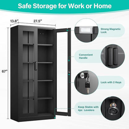 SISESOL Metal Storage Cabinet with Lock and Glass Doors,Glass Display Cabinet,67" Tall Black Storage Cabinets,Locking Curio Cabinets with 5 Shelves for Collectibles,Home,Office,Living Room