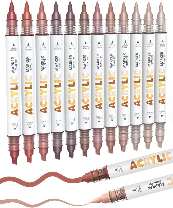 Guangna 12 Red Brown Dual Tip Acrylic Paint Markers, Brush Tip & Chisel Tip Acrylic Paint Pens for Pumpkin Paint, Rock, Wood, Glass, Paper, Coloring Book, Ceramic, Canvas, Water-Based Ink