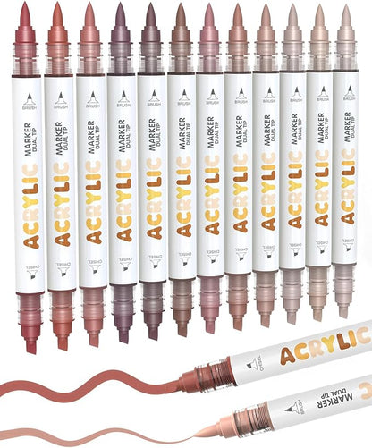 Guangna 12 Red Brown Dual Tip Acrylic Paint Markers, Brush Tip & Chisel Tip Acrylic Paint Pens for Pumpkin Paint, Rock, Wood, Glass, Paper, Coloring Book, Ceramic, Canvas, Water-Based Ink