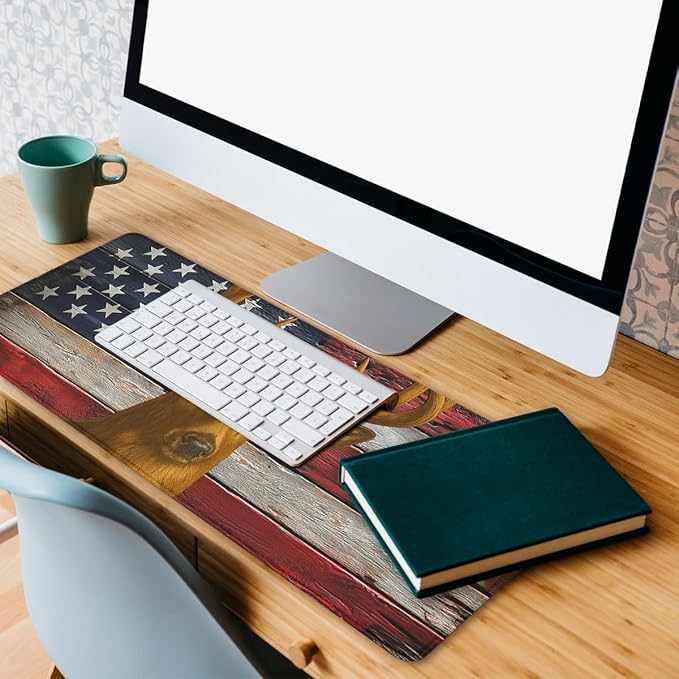 American Deer Desk Pad Mouse Pad Buck Rustic Patriotic Flag Wood Mousepad XL Large Gaming Mouse Pad Laptop Keyboard Mat Desk Pad 31.5"x11.8"