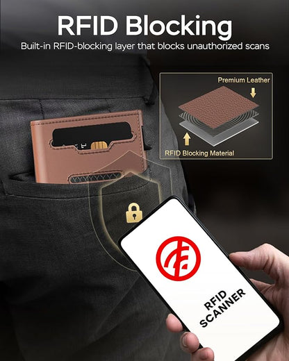 Mens Wallet Card Holder for Air Tag - RFID Blocking Wallet for Men with AirTag Holder, Smart Pop up Aluminum Case, Trifold, Slim, Minimalist, Front Pocket, Premium Leather - ID Window | Cash Slot
