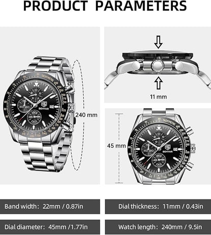 BY BENYAR Watch for Men Analog Quartz Chronograph Waterproof Luminous Designer Mens Wrist Watches Business Work Sport Casual Dress Watch with Silicone Strap Elegant Gifts for Men