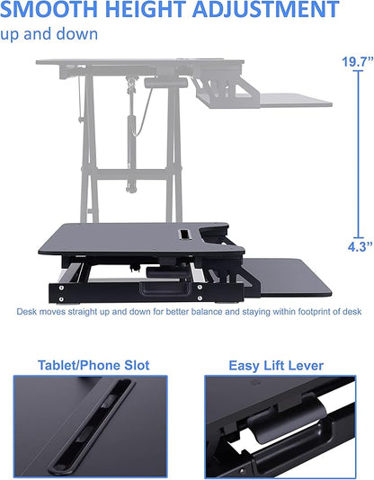 Rocelco Standing Desk Converter with Dual Monitor Mount - 31.5 Inch Sit Stand Up Tabletop Riser with Tablet Holder, Height Adjustable Workstation - Deep Keyboard Tray for Laptop - Black (R VADRB-DM2)