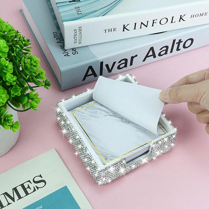 Buqoo Rhinestone Note Holder, Post It Note Dispenser Desk Organizer 4 x 4 Inches, Bling Postit Note Dispenser Post It Note Holder for Home Desk Office Supplies (Silver)