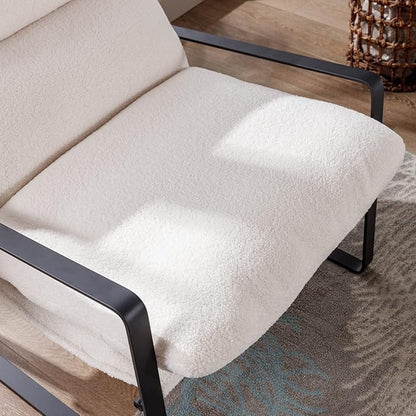 Mid-Century Accent Chair, Comfy Sherpa Fabric Side Chair with Armrest, Upholstered Leisure Chair with Black Metal Frame for Living Room Bedroom Reception Room, White