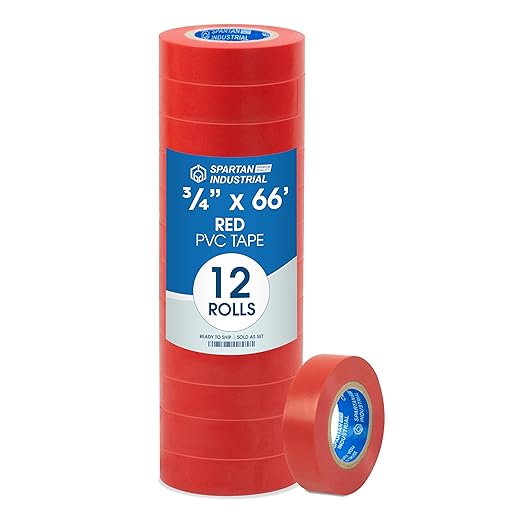SPARTAN INDUSTRIAL - 3/4" X 66' Red Vinyl Tape - 12 Colorful Electrical Tape Rolls for Color Coding, Cable Repair, and More