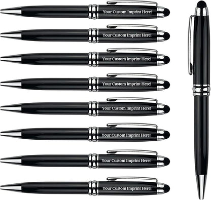 Ancolo Personalized Ballpoint Pens with Stylus - Engraved with Your Message Name/Phone Number Metal Body Black ink Gift for Bank, Office, Hotel Lobbies, Groomsmen Gift 10 Pens/Box