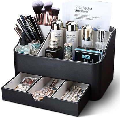 KINGFOM Desk Organizer with Drawer, Multifunction Pencil Holder for Desk, Desk Organizer and Accessories 5 Comparetments for Home Office Supplies (Black)