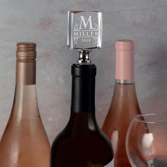 Personalized Crystal Wine Stopper - Custom Engraved Initial, Name & Date - 3D Glass Bottle Stopper with 6 Design Options - Rectangular, Included Gift Box