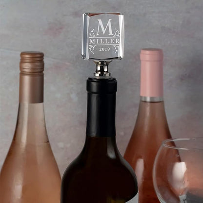 Personalized Crystal Wine Stopper - Custom Engraved Initial, Name & Date - 3D Glass Bottle Stopper with 6 Design Options - Rectangular, Included Gift Box