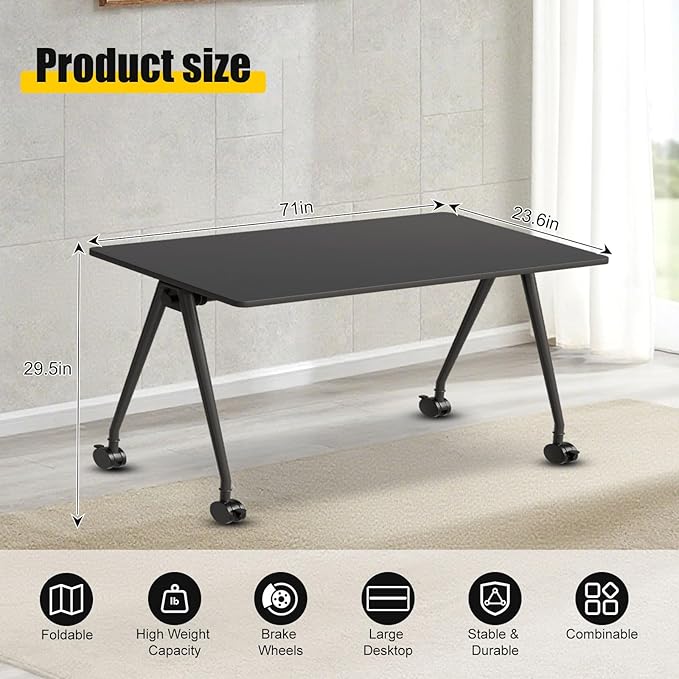 Folding Conference Table, Rectangular Conference Room Tables, Mobile Modular Training Table, Solid Steel Frame,Thickened Panel,for Offices,Meeting Room,Offices andSchools (6, A-Black, 71in)