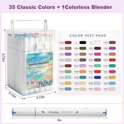 FROKO Alcohol Markers, 36 Colors Dual Tip Art Markers with Carrying Case, Drawing Marker, Coloring Marker for Kids Sketching Adult Coloring