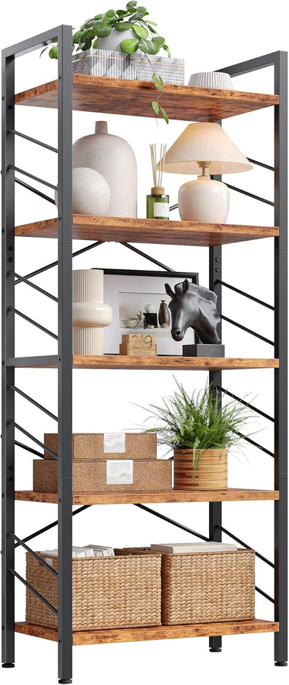 5 Tier Bookshelf, Industrial Tall Bookcase, Modern Display Shelves with Metal Frame and Sidebars for Bedroom, Living Room and Home Office, Rustic Brown