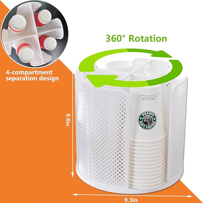 Cup and Lid Organizer Rotatable Coffee Cup Dispenser fit 5-16oz Cups Organizer, Paper Cup Storage Holder with 4 Compartment, Plastic Cup Rack for Countertop, Coffee Shop, Bar, Office White