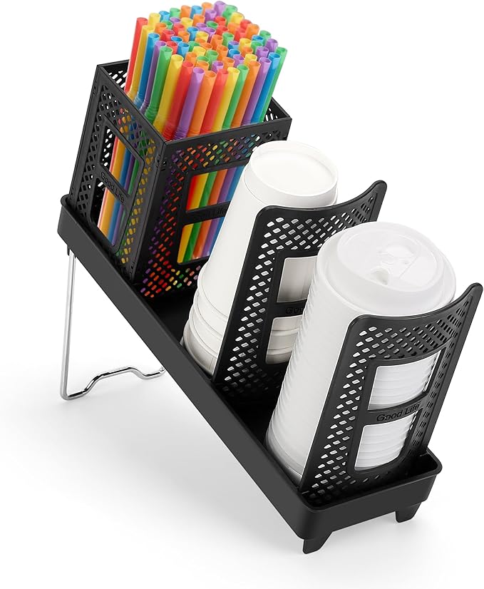 Coffee Cup Dispenser with Straws Holder, Plastic Coffee Cup and Lid Holder, 5-20oz Disposable Paper Cups Organizer for Countertop, Station, Bar, Office, Restaurant, Breakroom(3 Compartments)