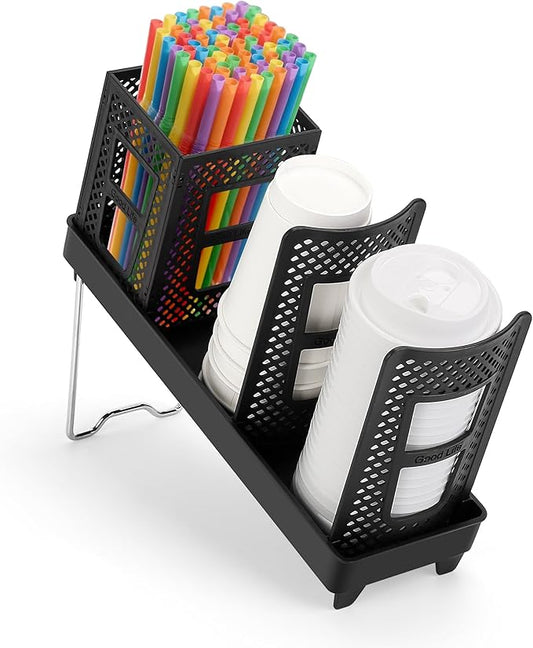 Coffee Cup Dispenser with Straws Holder, Plastic Coffee Cup and Lid Holder, 5-20oz Disposable Paper Cups Organizer for Countertop, Station, Bar, Office, Restaurant, Breakroom(3 Compartments)