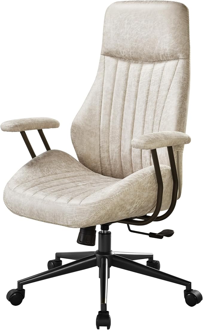 High Back Padded Headrest Office Chair, Suede Ergonomic Executive Office Chair with Lumbar Support, Adjustable Height Home Office Desk Chair with Armrests, Rolling Swivel Computer Gaming Chair, Beige