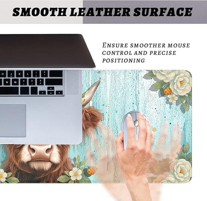 Highland Cow Desk Pad Mouse Pad Floral Farmhouse Flower Crown Mousepad XL Large Gaming Mouse Pad Laptop Keyboard Mat Desk Pad 31.5"x11.8"