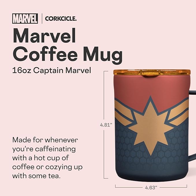 Corkcicle Classic Coffee Mug - Triple Insulated Stainless Steel for Travel - Shatter-Proof Lid - Keeps Drink Hot Over 3 Hours - Holiday Mug Gift - Great for Gifting Warmth - 16 oz - Captain Marvel