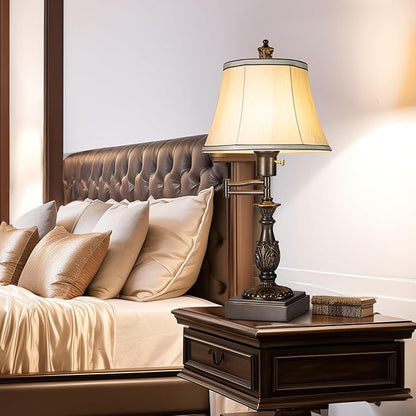 23.5" High Rustic Traditional 350° Adjustable Swing Arm Table Lamp Set of 2 with USB A+C Ports Brown Finish Cream Shade Vintage Nightstand lamp for Living Room Bedroom Office (Bulb Included)