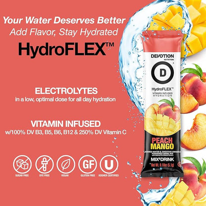 Devotion Nutrition HydroFLEX Water Flavoring Packets – Sugar-Free Hydration with Vitamins & Electrolytes – Dye-Free, Gluten-Free (Peach Mango) 12-Pack Drink Mix