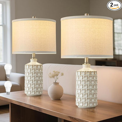 Luvkczc Vintage Farmhouse Table Lamp Set of 2, Grid Nightstand Lamp with Eye-Protecting Fabric Shade, 3-Color Temperature&2 Bulbs - Rustic Table Lamp Lamps for Living Room Bedroom Decor