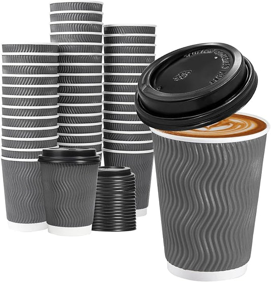 Lamosi 50 Pack - 12 oz Insulated Disposable Coffee Cups with Lids, To Go Paper Coffee Cups with Lids, Corrugated Ripple Wall Cup for Hot Drink Office Coffee Bar