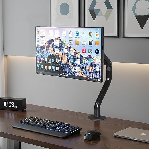 Okak Monitor Stand for Desk Single Monitor Arm Mount Computer for 15 to 27 Inch Screens, Office Desk Accessories, VESA Mounting Holes 75 and 100mm Stand Up to 26.4lbs, Black