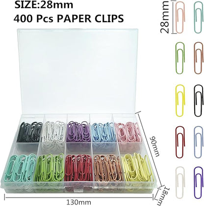 Colored Small Paper Clips Set Including 400 Pcs 28mm/1.1 inch Paperclips for Home, School and Office Use