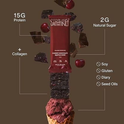 Stars + Honey Protein Bars - Cherry Chocolate Waffle Cone, 15g Protein, 2g Sugar, w/Collagen Keto Friendly Snack - Gluten, Dairy, Seed Oil, & Soy Free - High-Protein Snacks for Energy -10 pack